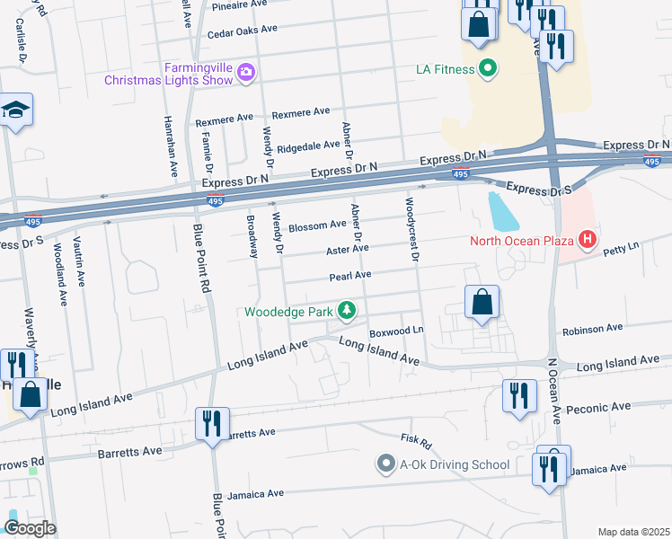 map of restaurants, bars, coffee shops, grocery stores, and more near 25 Pearl Ave in Holtsville