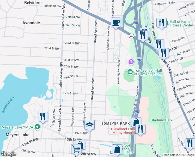 map of restaurants, bars, coffee shops, grocery stores, and more near 2714 19th Street Northwest in Canton