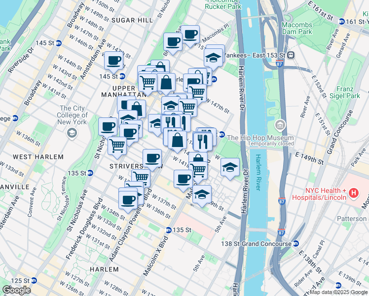 map of restaurants, bars, coffee shops, grocery stores, and more near 151 West 142nd Street in New York