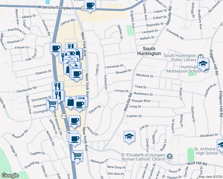 map of restaurants, bars, coffee shops, grocery stores, and more near 164 Iceland Drive in Huntington Station