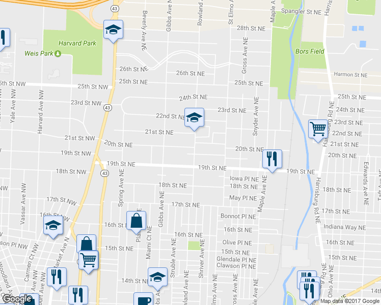 map of restaurants, bars, coffee shops, grocery stores, and more near 1931 Rowland Avenue Northeast in Canton