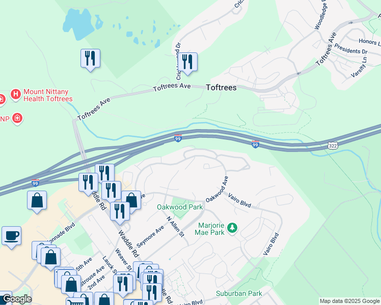 map of restaurants, bars, coffee shops, grocery stores, and more near 688 Oakwood Avenue in State College