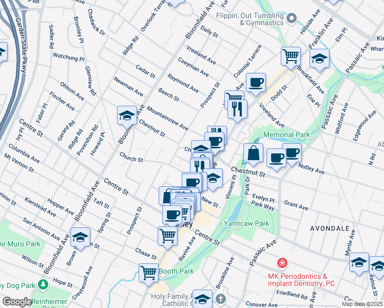 map of restaurants, bars, coffee shops, grocery stores, and more near 305 Chestnut Street in Nutley