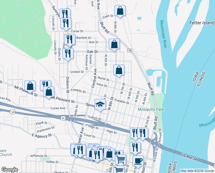 map of restaurants, bars, coffee shops, grocery stores, and more near 901 Iowa Street in Burlington