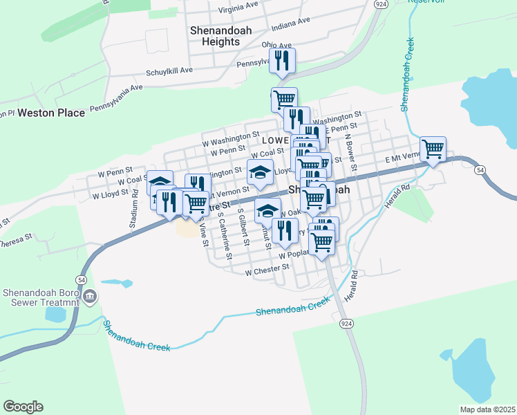 map of restaurants, bars, coffee shops, grocery stores, and more near 16 South Chestnut Street in Shenandoah