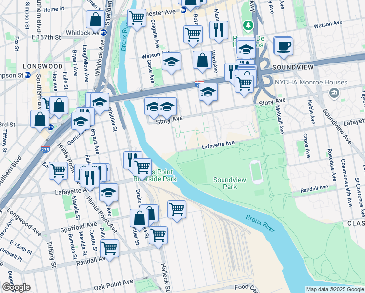 map of restaurants, bars, coffee shops, grocery stores, and more near 800 Colgate Avenue in The Bronx