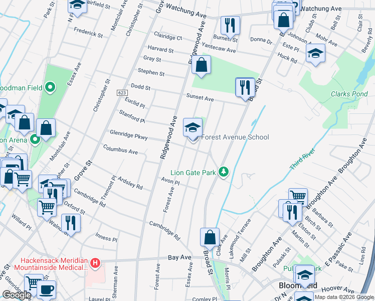 map of restaurants, bars, coffee shops, grocery stores, and more near 281 Forest Avenue in Glen Ridge