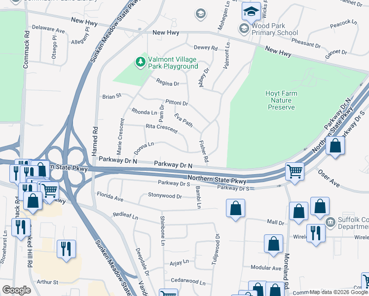 map of restaurants, bars, coffee shops, grocery stores, and more near 2 Rita Crescent in Commack