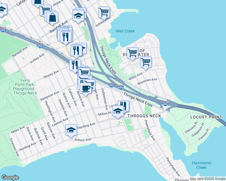 map of restaurants, bars, coffee shops, grocery stores, and more near 3950 Throgs Neck Expressway in Bronx
