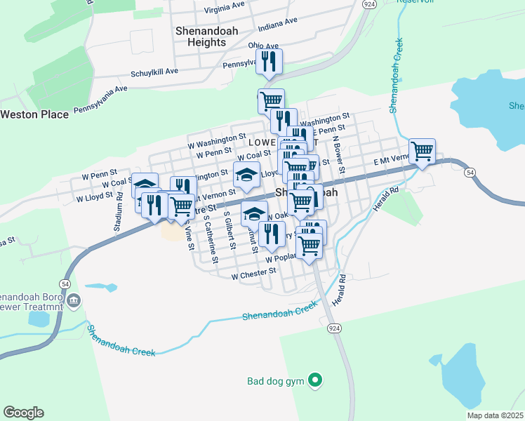 map of restaurants, bars, coffee shops, grocery stores, and more near 208 West New York Street in Shenandoah