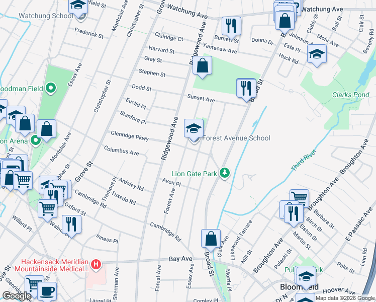 map of restaurants, bars, coffee shops, grocery stores, and more near 281 Forest Avenue in Glen Ridge