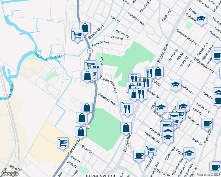 map of restaurants, bars, coffee shops, grocery stores, and more near 178 Maple Street in Fairview