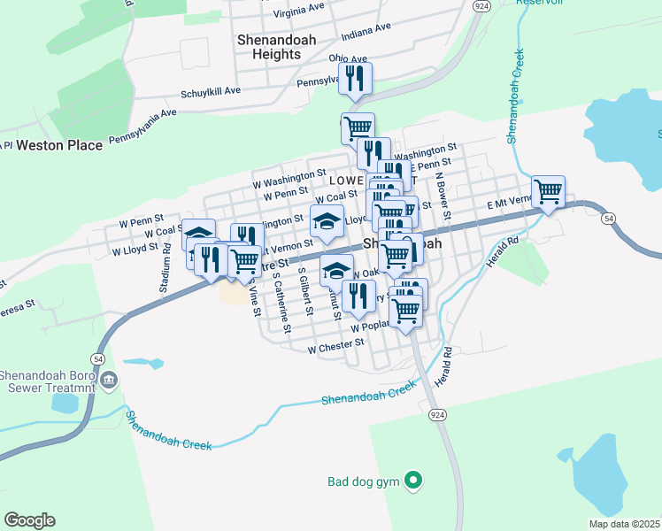 map of restaurants, bars, coffee shops, grocery stores, and more near 19 South Chestnut Street in Shenandoah