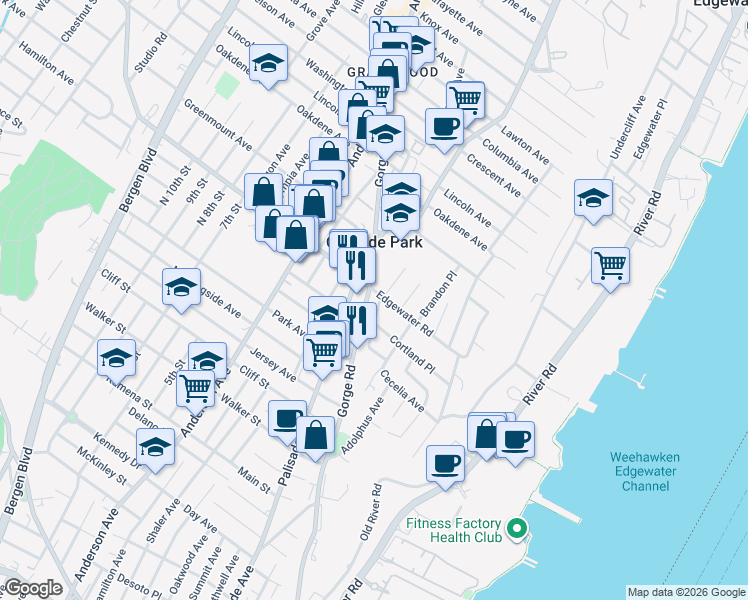 map of restaurants, bars, coffee shops, grocery stores, and more near 132 Edgewater Road in Cliffside Park