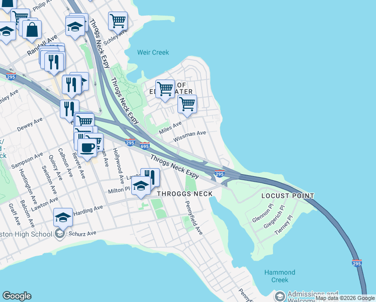 map of restaurants, bars, coffee shops, grocery stores, and more near 4171 Throgs Neck Expressway in Bronx