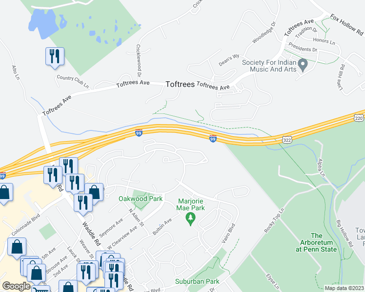 map of restaurants, bars, coffee shops, grocery stores, and more near 662 Oakwood Avenue in State College