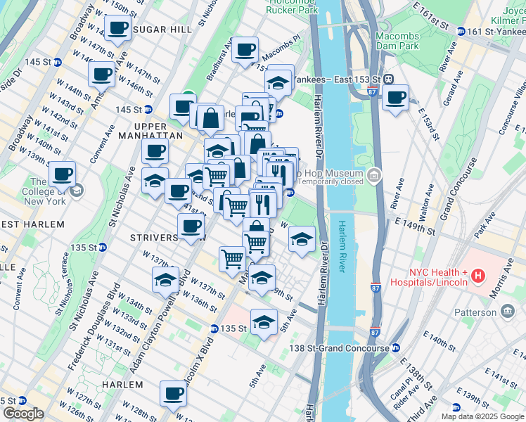 map of restaurants, bars, coffee shops, grocery stores, and more near 105 West 143rd Street in New York