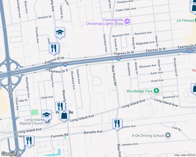 map of restaurants, bars, coffee shops, grocery stores, and more near 54 Timber Ridge Drive in Holtsville