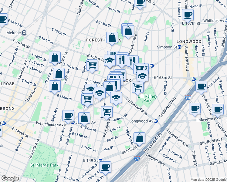map of restaurants, bars, coffee shops, grocery stores, and more near 821 Prospect Avenue in The Bronx