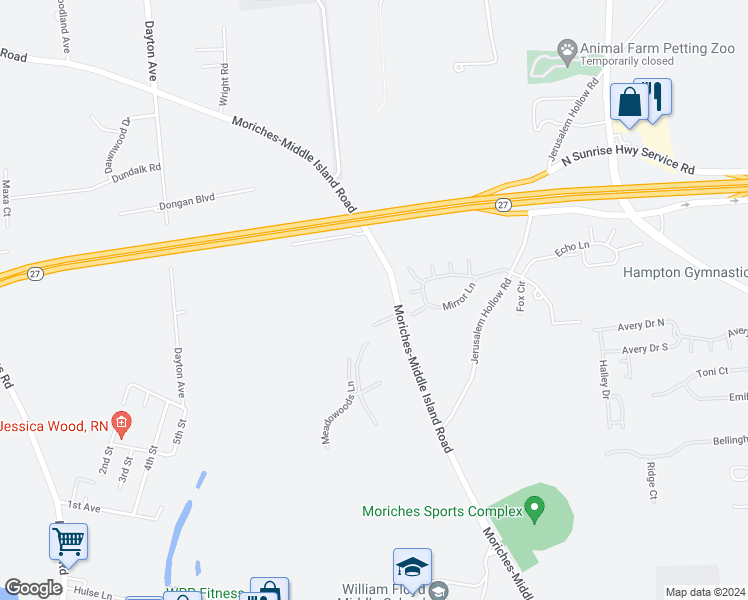 map of restaurants, bars, coffee shops, grocery stores, and more near 51 Tall Oak Circle in Moriches