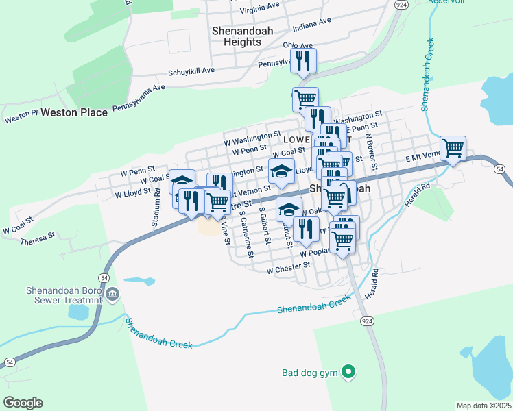 map of restaurants, bars, coffee shops, grocery stores, and more near 406 West Centre Street in Shenandoah
