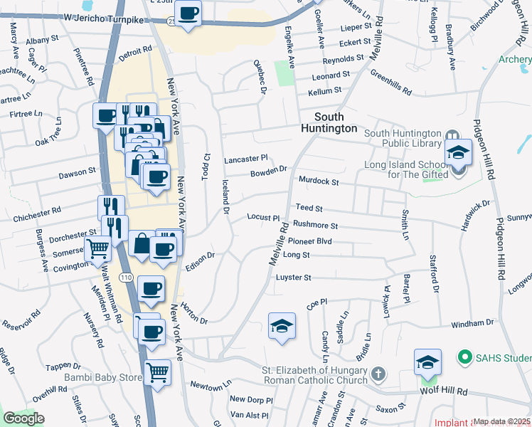 map of restaurants, bars, coffee shops, grocery stores, and more near 9 Locust Place in Huntington Station