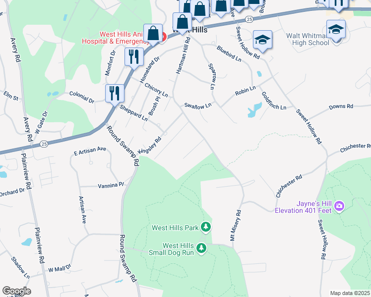 map of restaurants, bars, coffee shops, grocery stores, and more near 3 Fox Hunt Court in Huntington