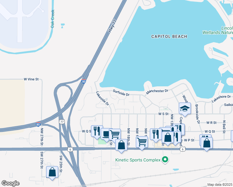 map of restaurants, bars, coffee shops, grocery stores, and more near 1901 Surfside Drive in Lincoln