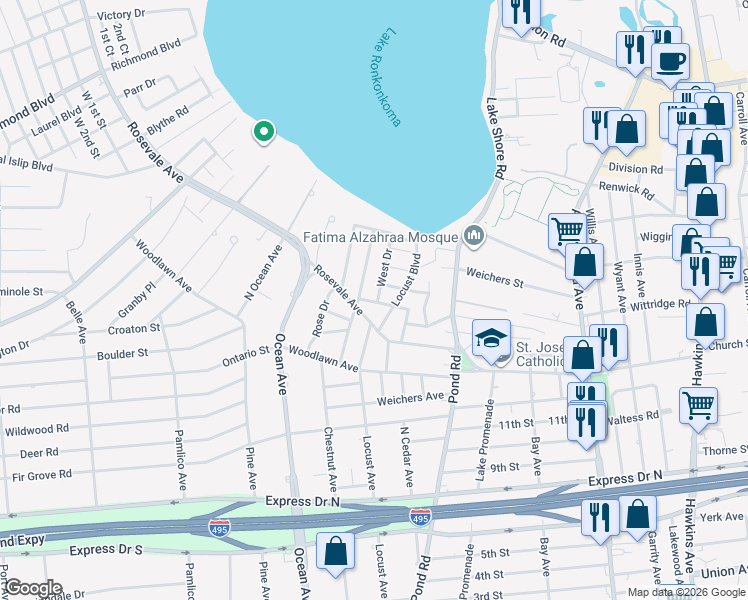 map of restaurants, bars, coffee shops, grocery stores, and more near 10 West Drive in Ronkonkoma