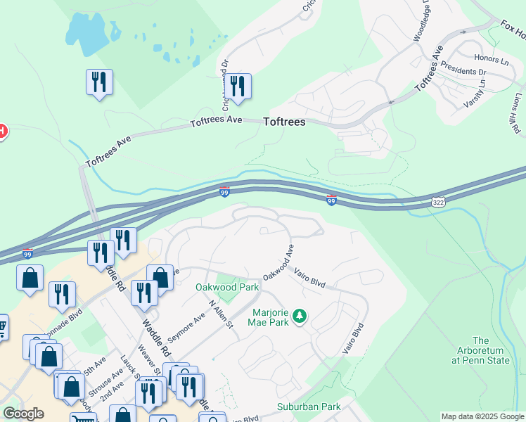 map of restaurants, bars, coffee shops, grocery stores, and more near 670 Oakwood Avenue in State College