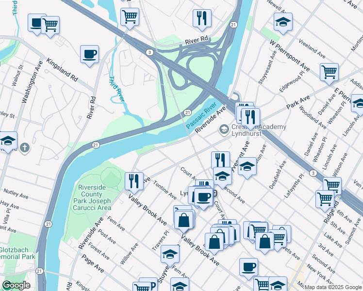 map of restaurants, bars, coffee shops, grocery stores, and more near 128A Riverside Avenue in Lyndhurst