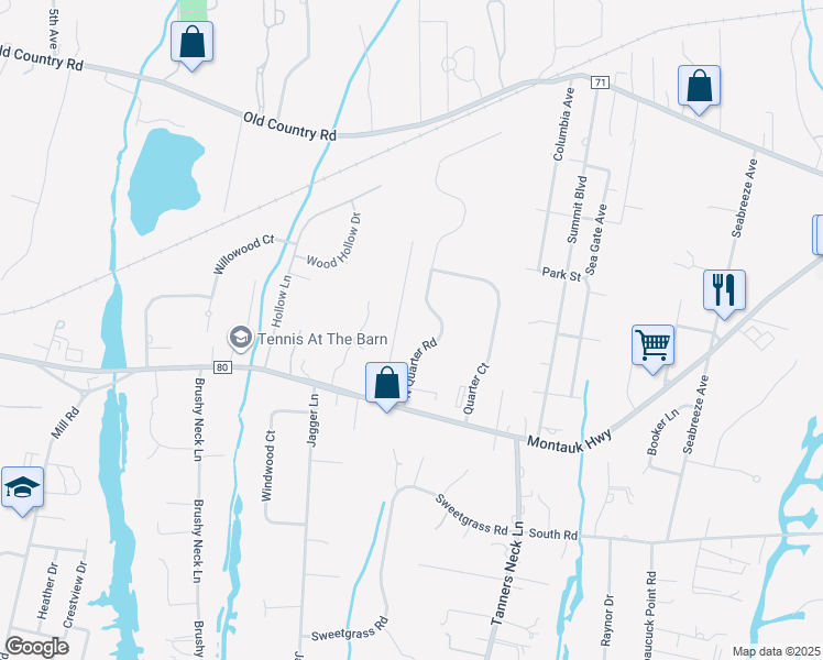 map of restaurants, bars, coffee shops, grocery stores, and more near 9 North Quarter Road in Westhampton