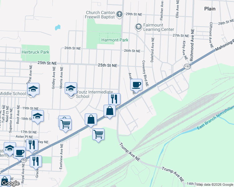 map of restaurants, bars, coffee shops, grocery stores, and more near 2105 Harmont Avenue Northeast in Canton