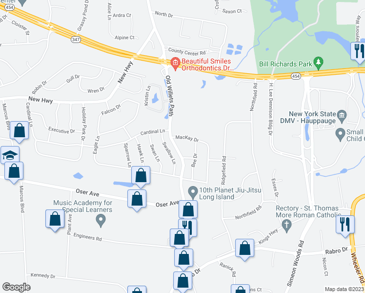 map of restaurants, bars, coffee shops, grocery stores, and more near 425 Old Willets Path in Hauppauge