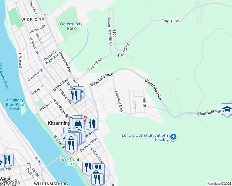 map of restaurants, bars, coffee shops, grocery stores, and more near 126 4th Street in Kittanning