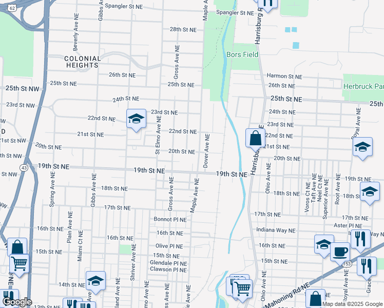 map of restaurants, bars, coffee shops, grocery stores, and more near 1634 20th Street Northeast in Canton