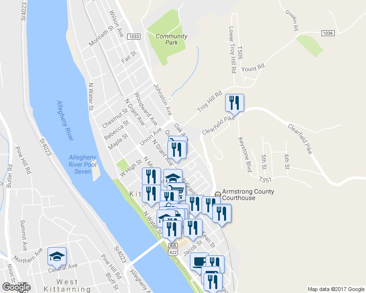 map of restaurants, bars, coffee shops, grocery stores, and more near 126 Queen Street in Kittanning