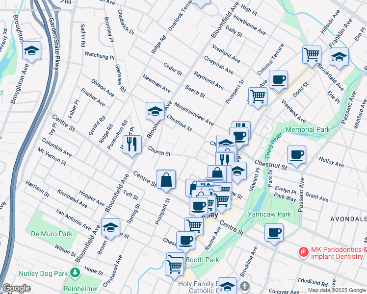 map of restaurants, bars, coffee shops, grocery stores, and more near 15 Carteret Place in Nutley