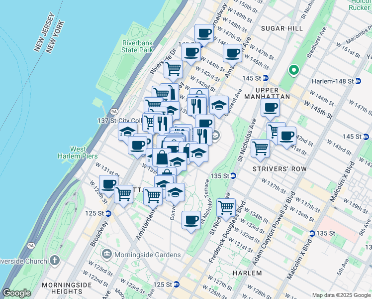 map of restaurants, bars, coffee shops, grocery stores, and more near Amsterdam Ave & W 136th St in New York