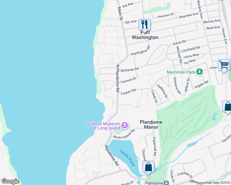 map of restaurants, bars, coffee shops, grocery stores, and more near 1999 North Plandome Road in Port Washington