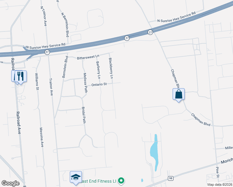 map of restaurants, bars, coffee shops, grocery stores, and more near 23 Blackberry Lane in Center Moriches