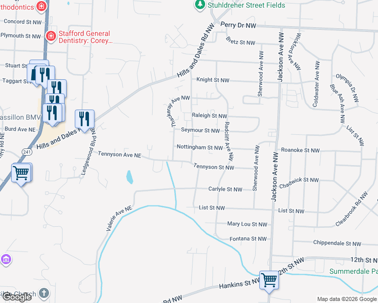 map of restaurants, bars, coffee shops, grocery stores, and more near 1821 Kipling Avenue Northwest in Massillon