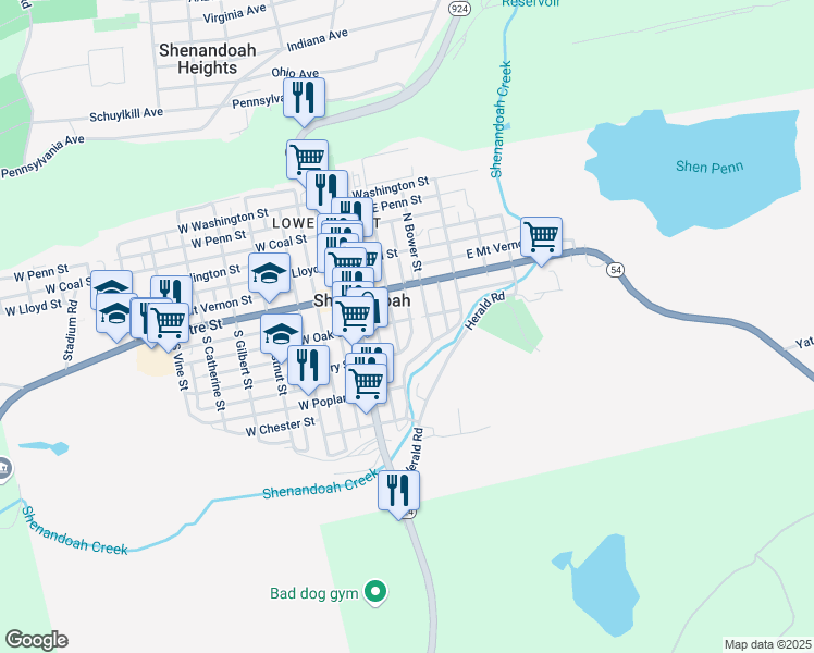 map of restaurants, bars, coffee shops, grocery stores, and more near 114 East Oak Street in Shenandoah