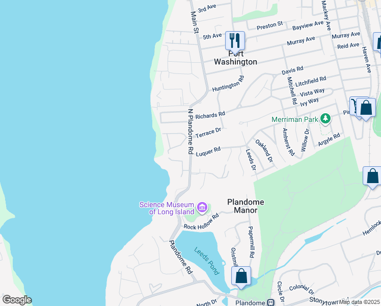 map of restaurants, bars, coffee shops, grocery stores, and more near 1999 North Plandome Road in Port Washington