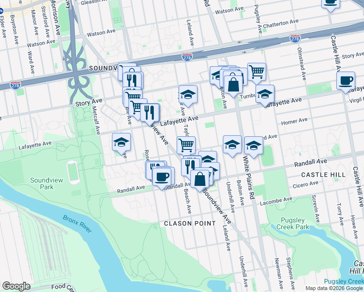 map of restaurants, bars, coffee shops, grocery stores, and more near 1809 Seward Avenue in Bronx