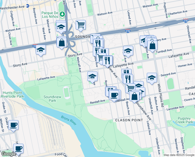 map of restaurants, bars, coffee shops, grocery stores, and more near 729 Noble Avenue in The Bronx