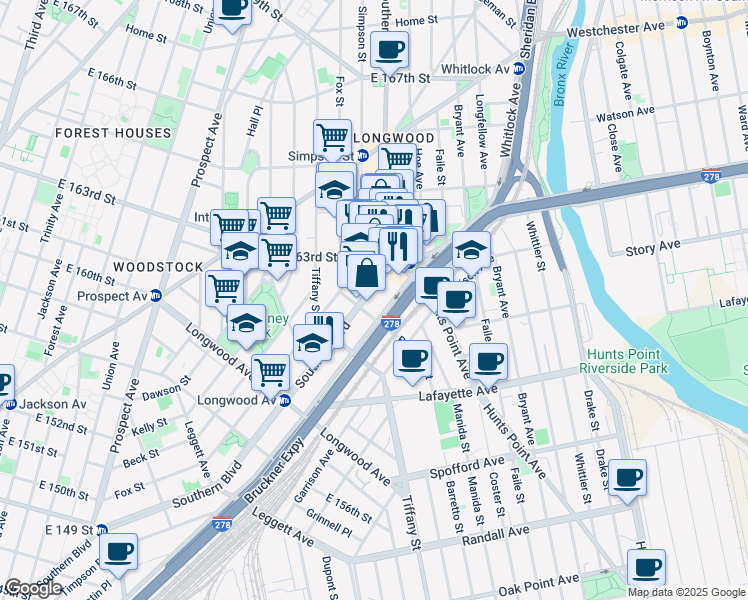 map of restaurants, bars, coffee shops, grocery stores, and more near 901 Southern Boulevard in Bronx
