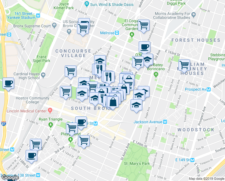 map of restaurants, bars, coffee shops, grocery stores, and more near 413 East 154th Street in Bronx