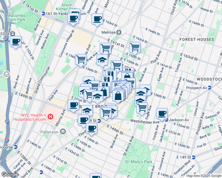 map of restaurants, bars, coffee shops, grocery stores, and more near 413 East 154th Street in Bronx
