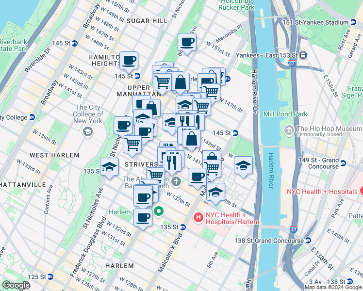 map of restaurants, bars, coffee shops, grocery stores, and more near 2430 Adam Clayton Powell Junior Boulevard in New York